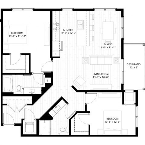 Floor plan for 2 beds, 2 baths, 1250 sqft